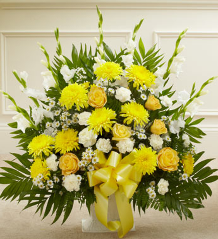 Yellow and White Sympathy Floor Basket